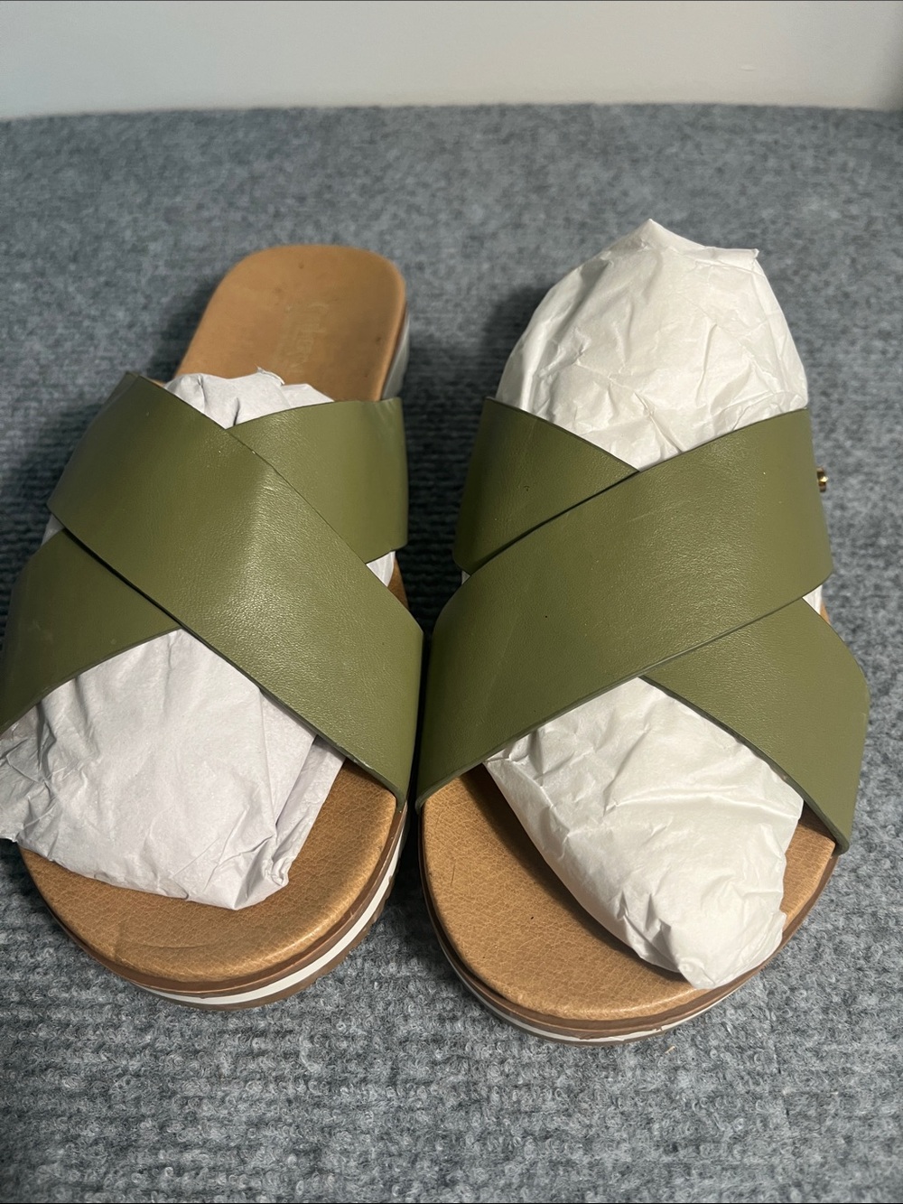 Catherine Malandrino Olive Green Crisscross Slide Sandals